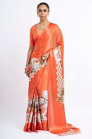 Rust Pure Satin Silk Hand Painted Saree by Studio 113