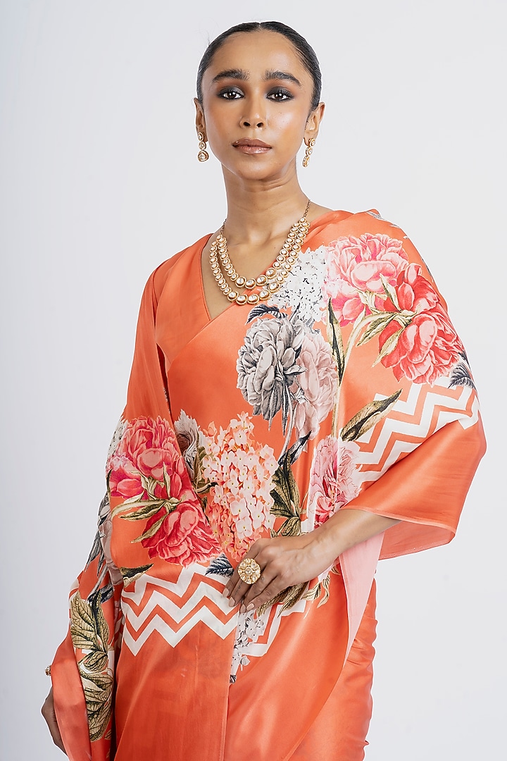 Rust Pure Satin Silk Hand Painted Party Wear Saree by Studio 113 at Pernia's Pop Up Shop