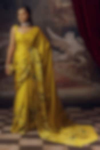Canary Yellow Shaded Pure Satin Silk Floral Printed Party Wear Saree by Studio 113 at Pernia's Pop Up Shop