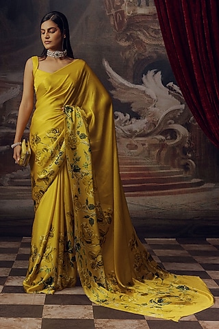 Canary Yellow Shaded Pure Satin Silk Floral Printed Saree by Studio 113