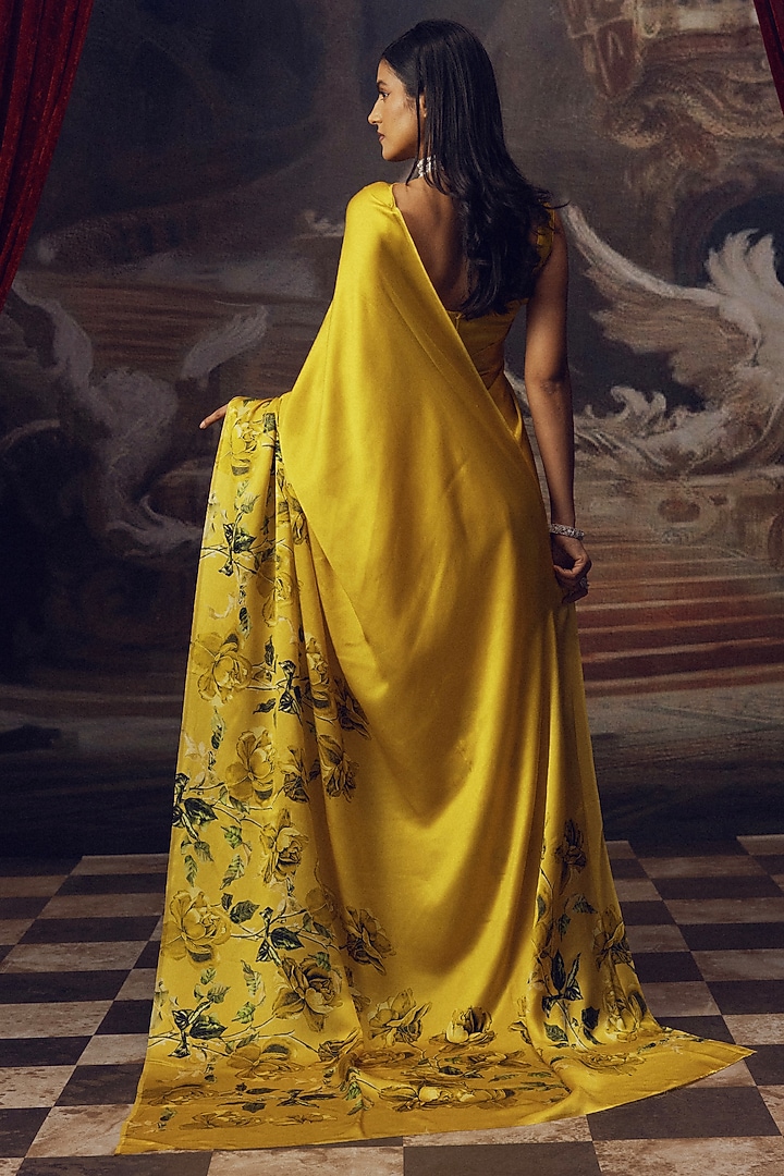 Canary Yellow Shaded Pure Satin Silk Floral Printed Party Wear Saree by Studio 113 at Pernia's Pop Up Shop