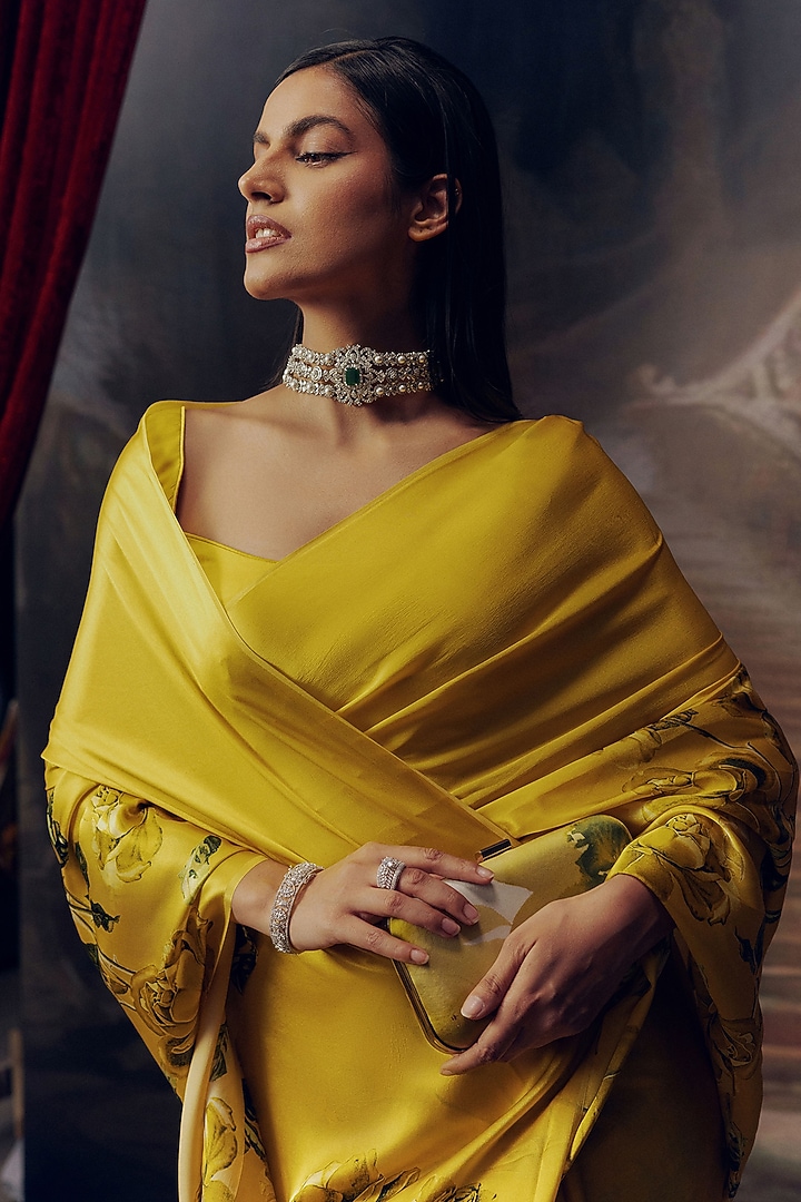 Canary Yellow Shaded Pure Satin Silk Floral Printed Party Wear Saree by Studio 113 at Pernia's Pop Up Shop