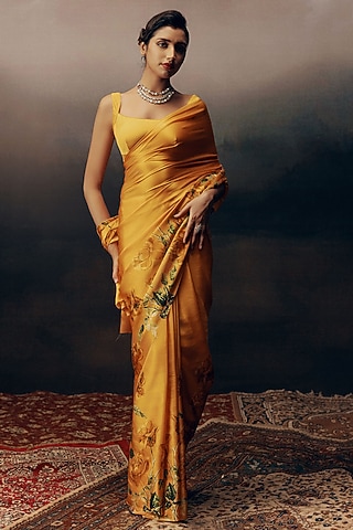 Orange Shaded Pure Satin Silk Floral Printed Saree by Studio 113