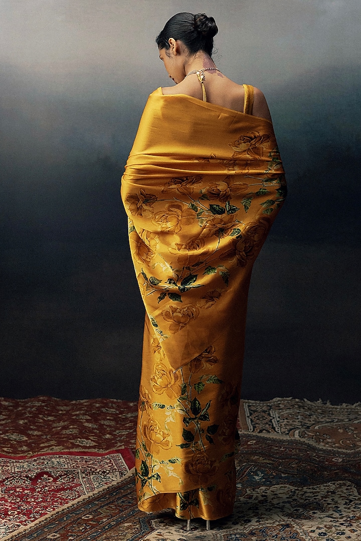 Orange Shaded Pure Satin Silk Floral Printed Party Wear Saree by Studio 113 at Pernia's Pop Up Shop