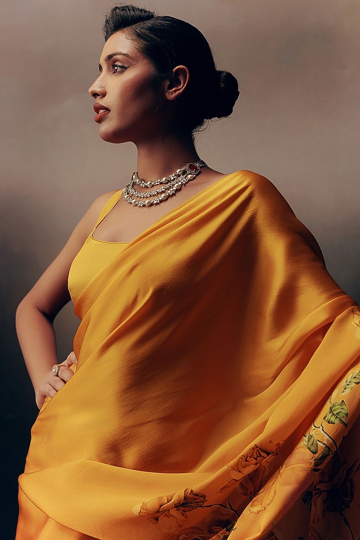 Orange Shaded Pure Satin Silk Floral Printed Party Wear Saree by Studio 113 at Pernia's Pop Up Shop