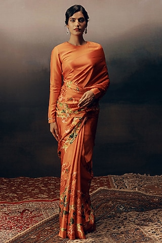 Rust Shaded Pure Satin Silk Floral Printed Saree by Studio 113