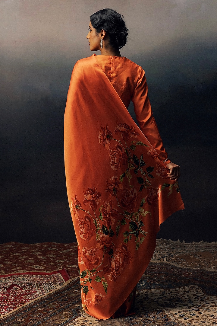 Rust Shaded Pure Satin Silk Floral Printed Party Wear Saree by Studio 113 at Pernia's Pop Up Shop