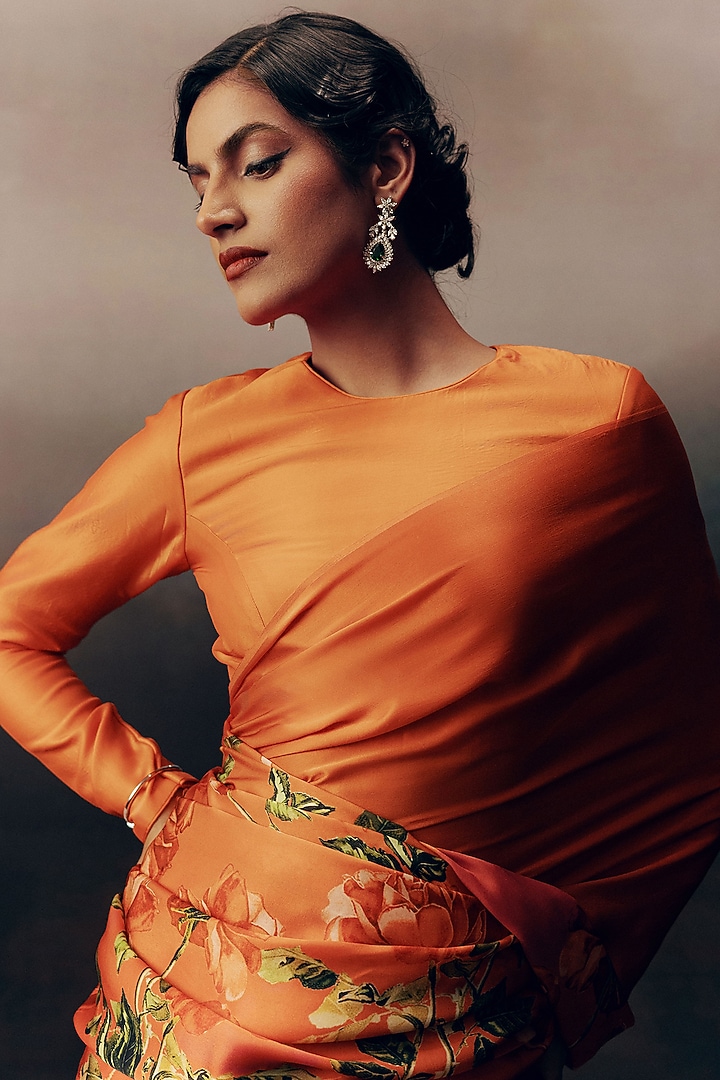 Rust Shaded Pure Satin Silk Floral Printed Party Wear Saree by Studio 113 at Pernia's Pop Up Shop
