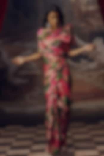 Fuchsia Pink Pure Satin SIlk Abstract Printed Party Wear Saree by Studio 113 at Pernia's Pop Up Shop