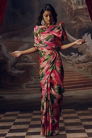 Fuchsia Pink Pure Satin SIlk Abstract Printed Saree by Studio 113