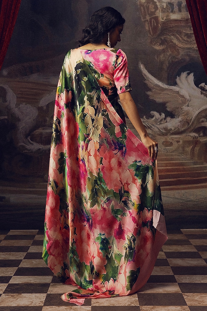 Fuchsia Pink Pure Satin SIlk Abstract Printed Party Wear Saree by Studio 113 at Pernia's Pop Up Shop
