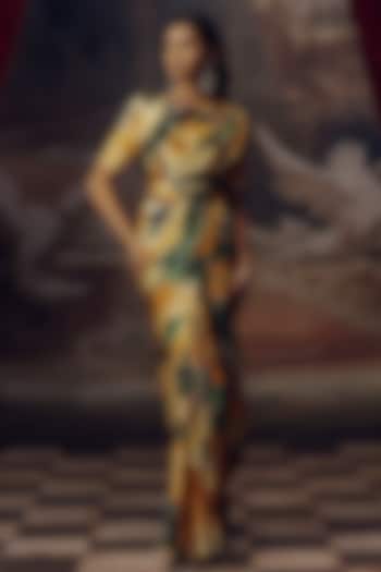 Yellow Pure Satin SIlk Abstract Printed Party Wear Saree by Studio 113 at Pernia's Pop Up Shop