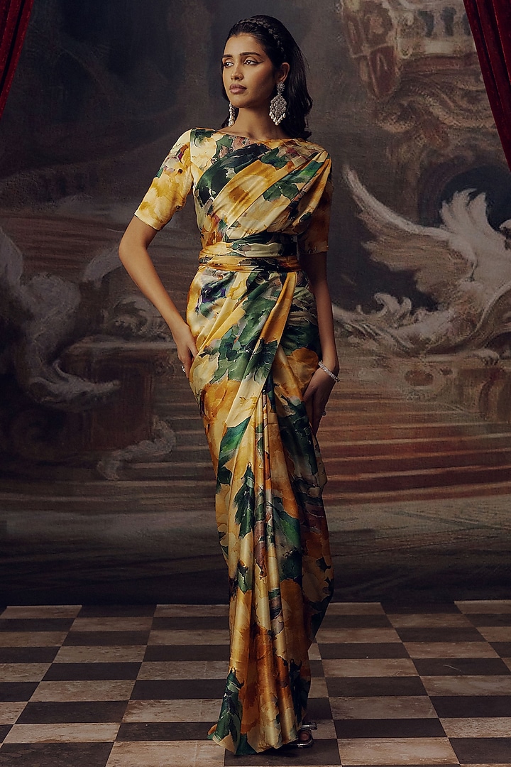 Yellow Pure Satin SIlk Abstract Printed Party Wear Saree by Studio 113 at Pernia's Pop Up Shop