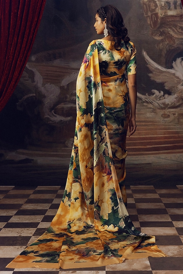 Yellow Pure Satin SIlk Abstract Printed Party Wear Saree by Studio 113 at Pernia's Pop Up Shop