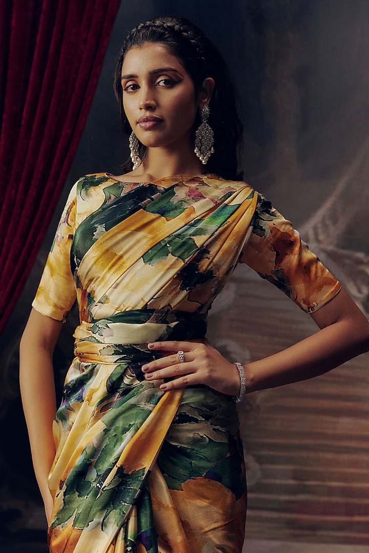 Yellow Pure Satin SIlk Abstract Printed Party Wear Saree by Studio 113 at Pernia's Pop Up Shop