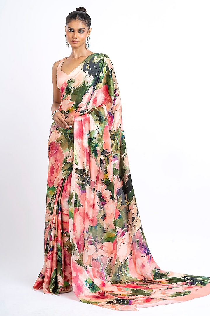 Blossom Pink Pure Satin SIlk Abstract Printed Party Wear Saree by Studio 113 at Pernia's Pop Up Shop