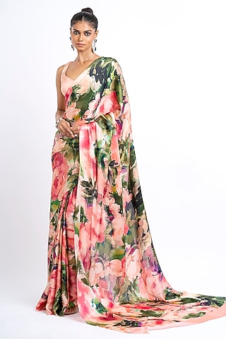 Blossom Pink Pure Satin SIlk Abstract Printed Saree by Studio 113