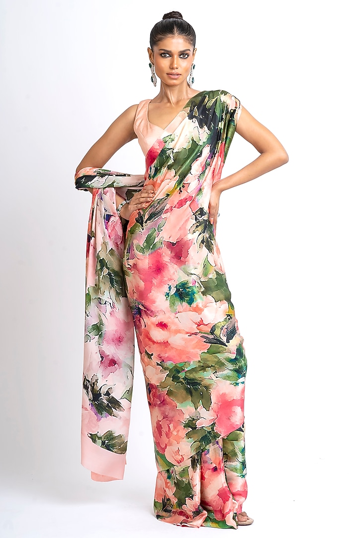 Blossom Pink Pure Satin SIlk Abstract Printed Party Wear Saree by Studio 113 at Pernia's Pop Up Shop