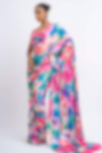 Coral & Blue Pure Satin SIlk Abstract Printed Party Wear Saree by Studio 113 at Pernia's Pop Up Shop