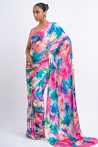 Coral & Blue Pure Satin SIlk Abstract Printed Saree by Studio 113