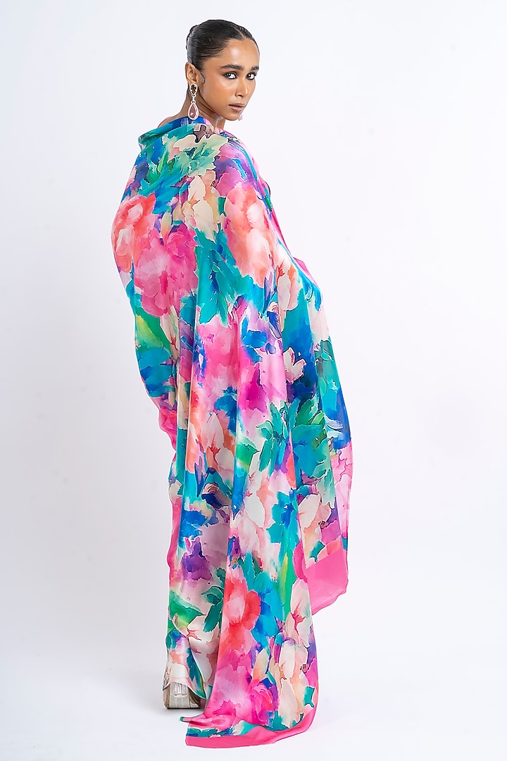 Coral & Blue Pure Satin SIlk Abstract Printed Party Wear Saree by Studio 113 at Pernia's Pop Up Shop