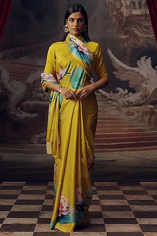 Canary Yellow Shaded Pure Satin Silk Floral Printed Saree by Studio 113