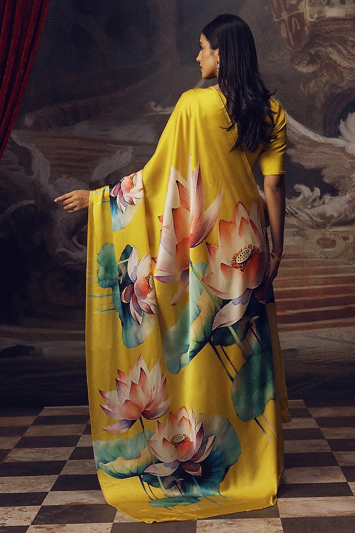 Canary Yellow Shaded Pure Satin Silk Floral Printed Party Wear Saree by Studio 113 at Pernia's Pop Up Shop