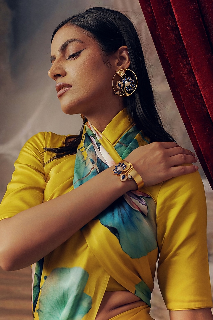 Canary Yellow Shaded Pure Satin Silk Floral Printed Party Wear Saree by Studio 113 at Pernia's Pop Up Shop