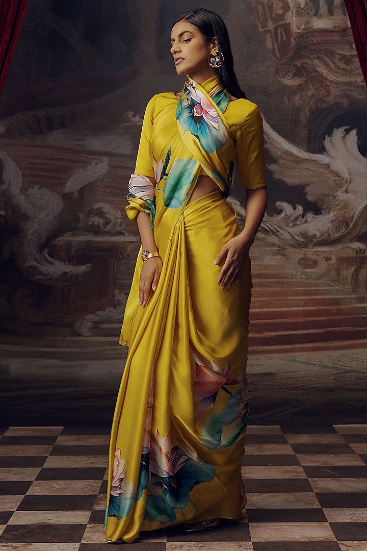 Canary Yellow Shaded Pure Satin Silk Floral Printed Party Wear Saree by Studio 113 at Pernia's Pop Up Shop