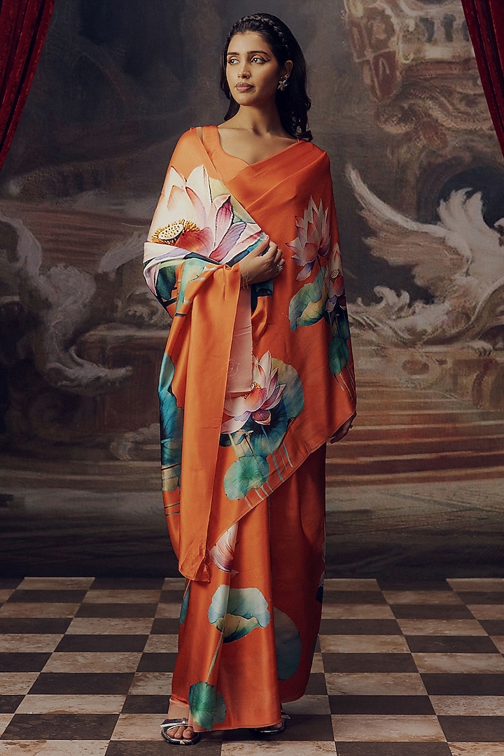Orange Pure Satin Silk Floral Handpainted Party Wear Saree by Studio 113 at Pernia's Pop Up Shop