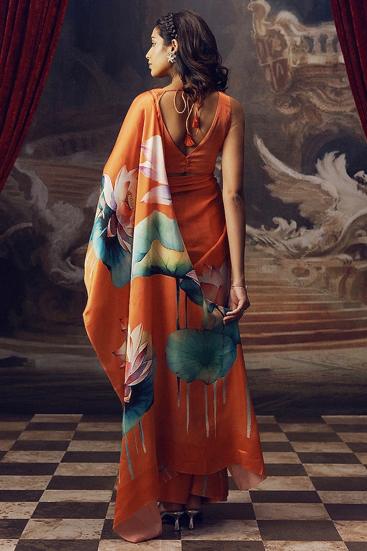 Orange Pure Satin Silk Floral Handpainted Party Wear Saree by Studio 113 at Pernia's Pop Up Shop