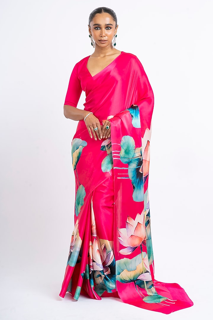 Pink Pure Satin Silk Floral Handpainted Party Wear Saree by Studio 113 at Pernia's Pop Up Shop