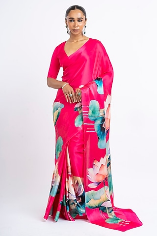 Pink Pure Satin Silk Floral Handpainted Saree by Studio 113