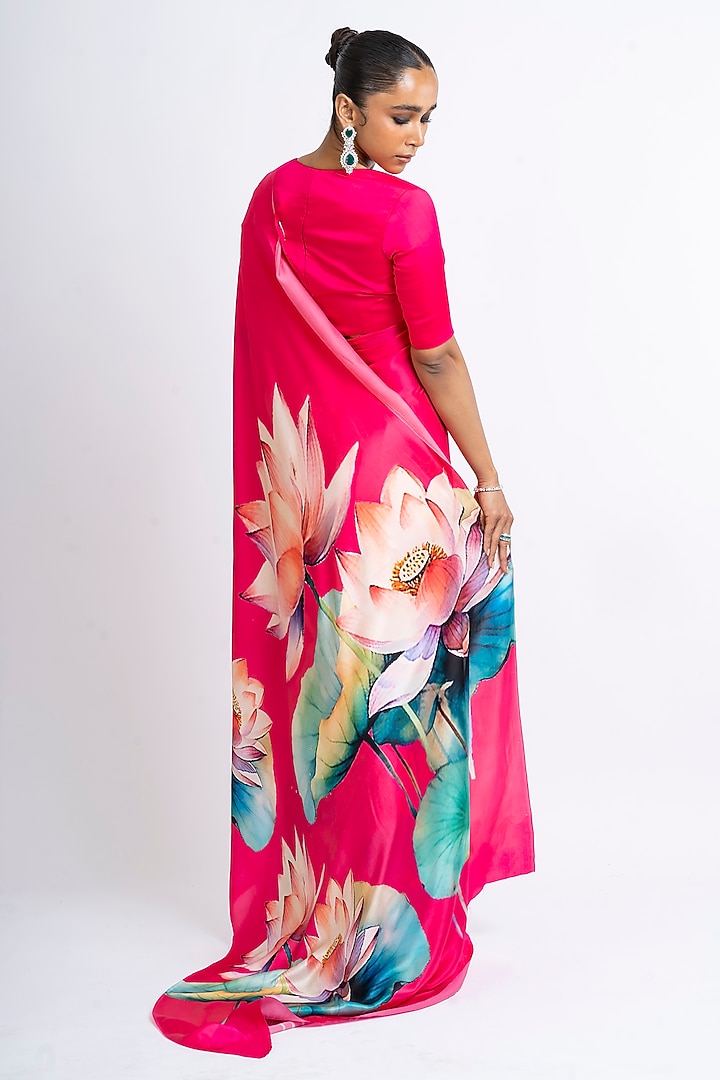 Pink Pure Satin Silk Floral Handpainted Party Wear Saree by Studio 113 at Pernia's Pop Up Shop