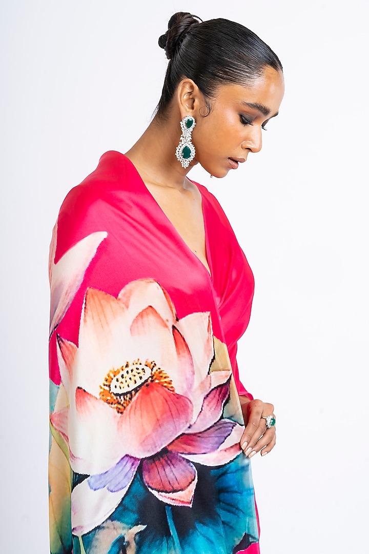 Pink Pure Satin Silk Floral Handpainted Party Wear Saree by Studio 113 at Pernia's Pop Up Shop
