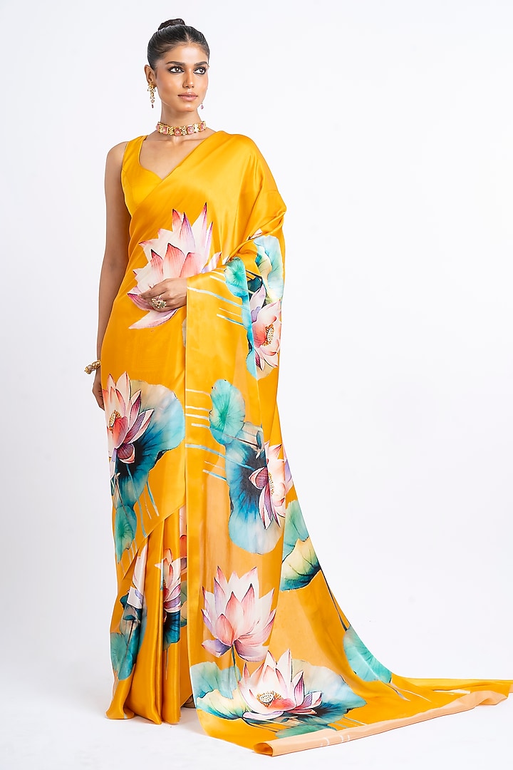 Tangerine Pure Satin Silk Floral Handpainted Party Wear Saree by Studio 113 at Pernia's Pop Up Shop