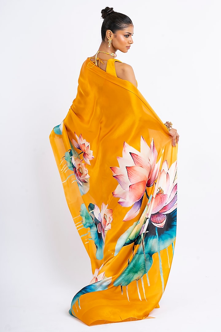Tangerine Pure Satin Silk Floral Handpainted Party Wear Saree by Studio 113 at Pernia's Pop Up Shop