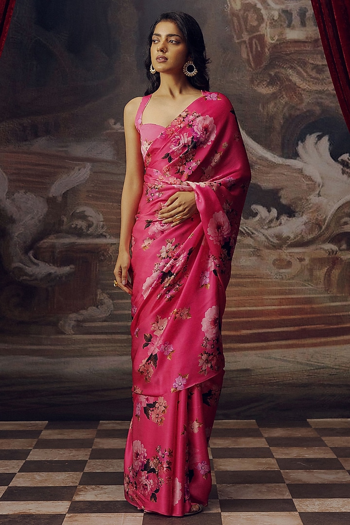 Fuchsia Pure Satin Silk Floral Digital Printed Party Wear Saree by Studio 113 at Pernia's Pop Up Shop