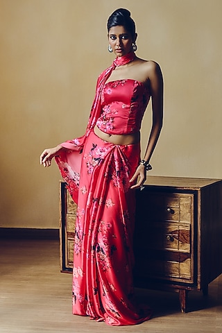 Fuchsia Pure Satin Silk Floral Digital Printed Corset by Studio 113