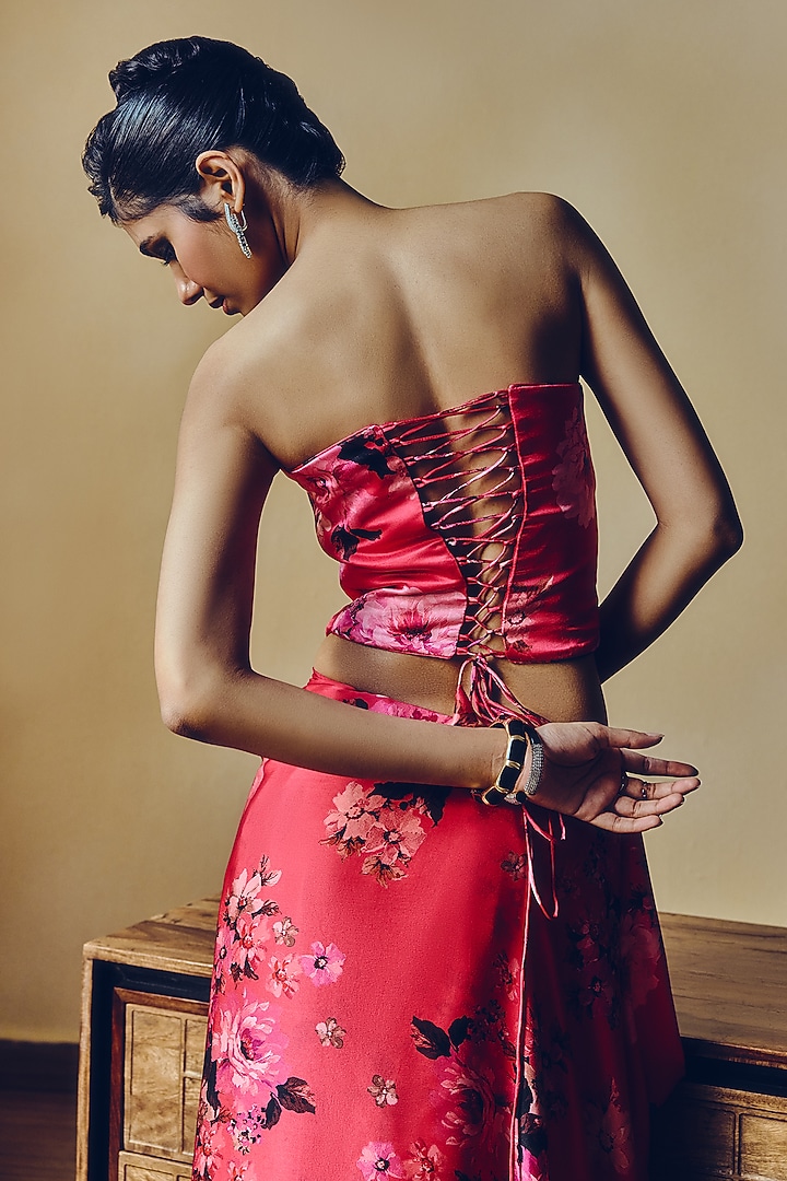 Fuchsia Pure Satin Silk Floral Digital Printed Corset by Studio 113 at Pernia's Pop Up Shop
