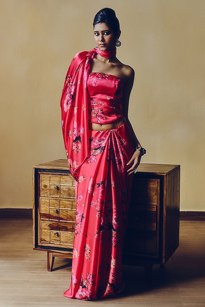 Fuchsia Pure Satin Silk Floral Digital Printed Corset by Studio 113 at Pernia's Pop Up Shop