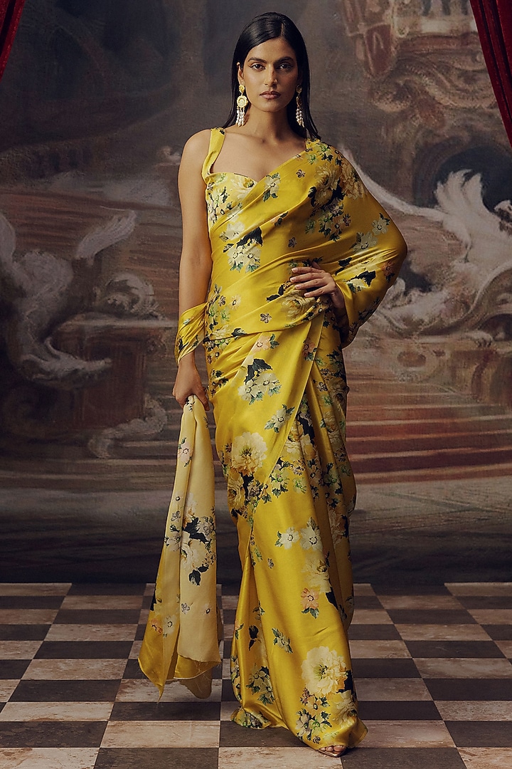 Canary Yellow Pure Satin Silk Floral Digital Printed Party Wear Saree by Studio 113 at Pernia's Pop Up Shop