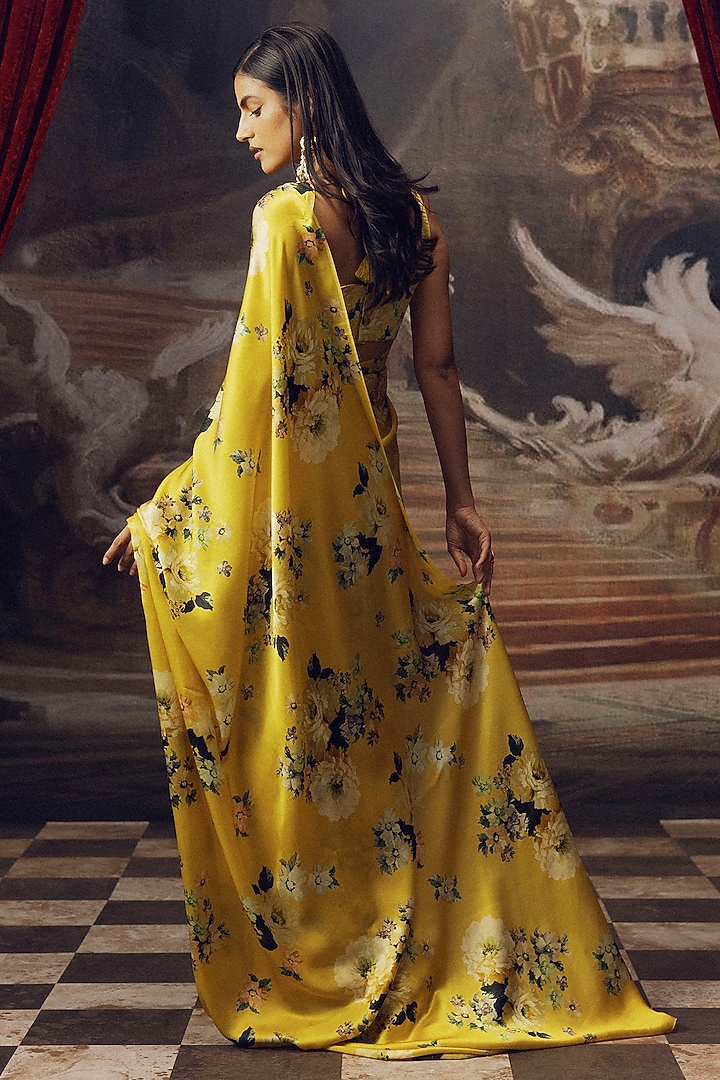 Canary Yellow Pure Satin Silk Floral Digital Printed Party Wear Saree by Studio 113 at Pernia's Pop Up Shop