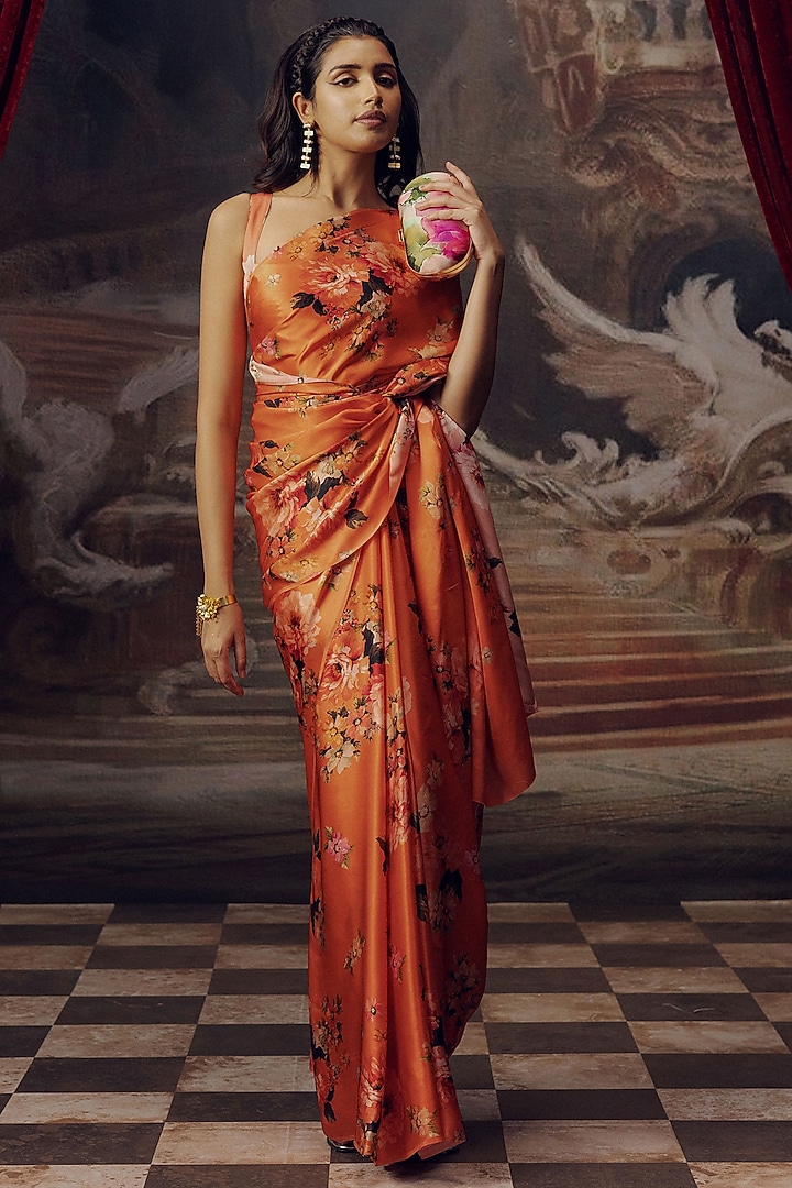 Orange Pure Satin Silk Floral Digital Printed Party Wear Saree by Studio 113 at Pernia's Pop Up Shop