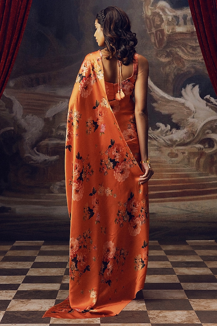 Orange Pure Satin Silk Floral Digital Printed Party Wear Saree by Studio 113 at Pernia's Pop Up Shop