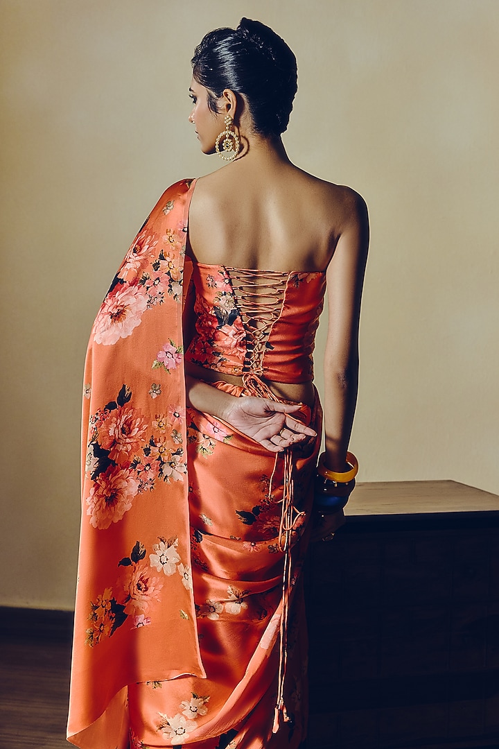 Orange Pure Satin Silk Floral Digital Printed Corset by Studio 113 at Pernia's Pop Up Shop