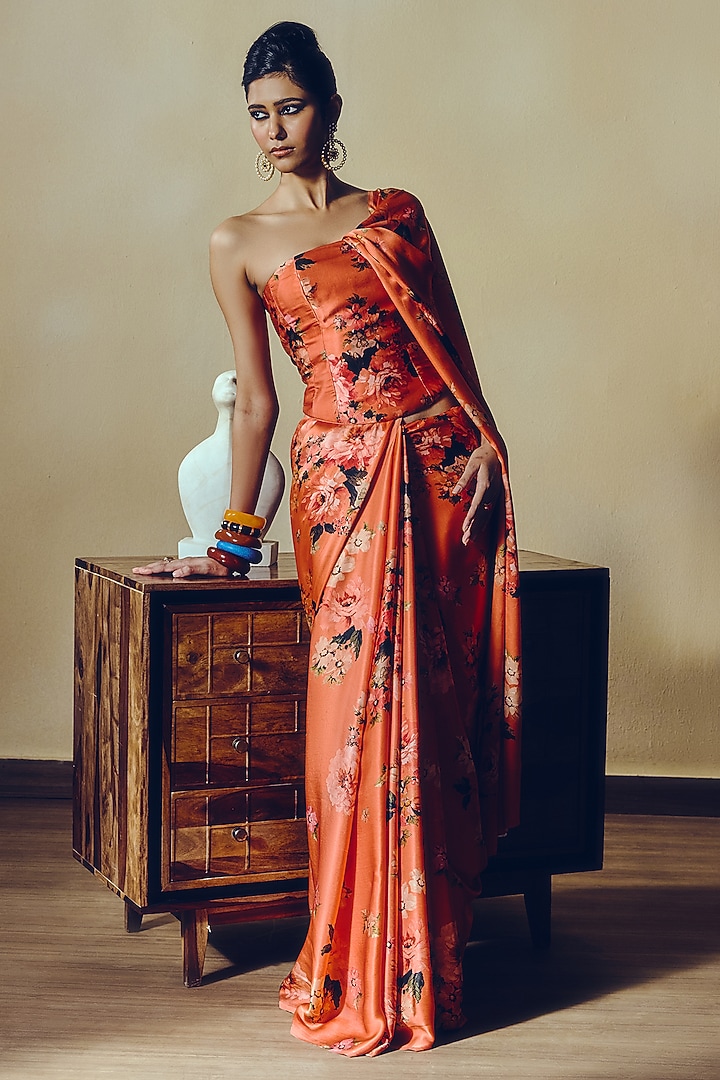 Orange Pure Satin Silk Floral Digital Printed Corset by Studio 113 at Pernia's Pop Up Shop
