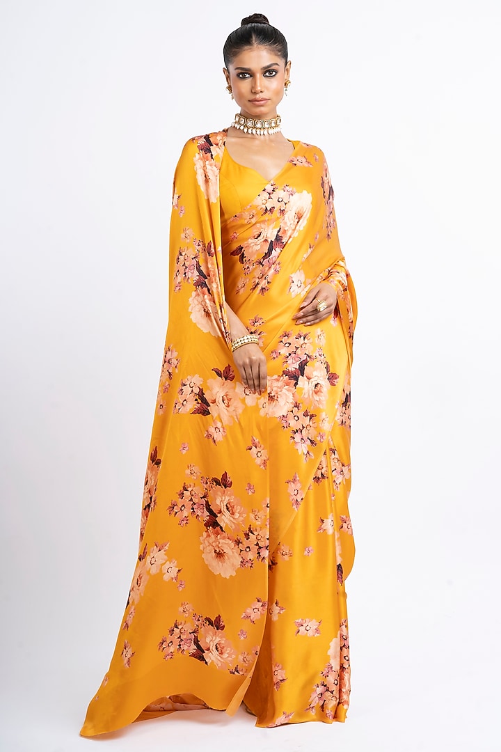 Tangerine Pure Satin Silk Floral Digital Printed Party Wear Saree by Studio 113 at Pernia's Pop Up Shop