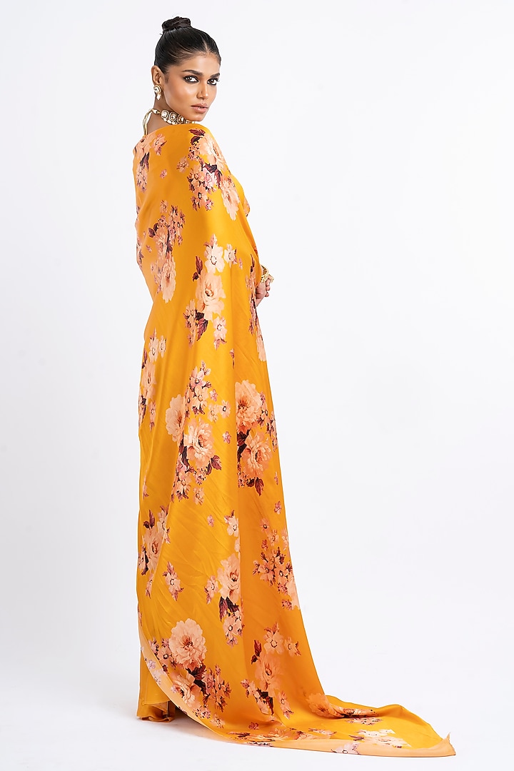 Tangerine Pure Satin Silk Floral Digital Printed Party Wear Saree by Studio 113 at Pernia's Pop Up Shop
