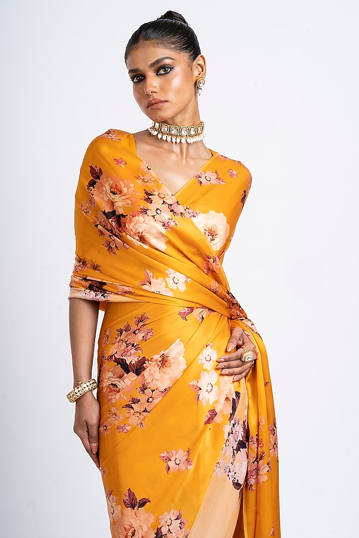 Tangerine Pure Satin Silk Floral Digital Printed Party Wear Saree by Studio 113 at Pernia's Pop Up Shop